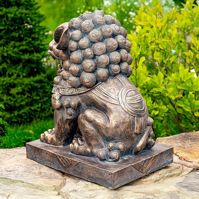 Zaer Ltd. Set of 2 Traditional Fu Dog Garden Statues, Chinese Guardian Lion Sculptures with Pedestals, Made with Magnesium-Cement (Aged Bronze)