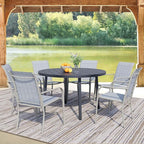 7 Pieces Round Dining Table Set for 6, Patio Dining Set Includes 6 Beige Blue Stackable Patio Chairs and 1 Black Round Table Set of 6, Patio Furniture Sets with Sling Support for Outside, Garden