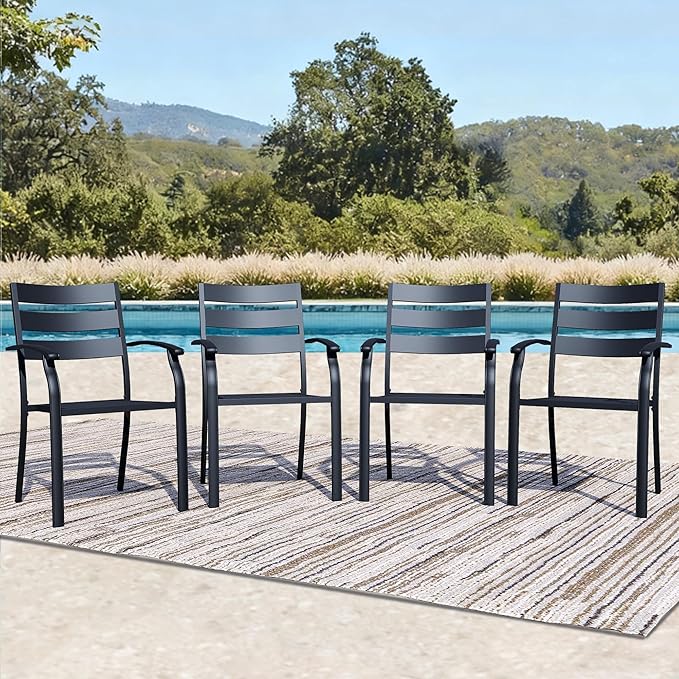 Patio Dining Chairs Set of 4, Black Stackable Outdoor Dining Chairs with Armrest and Wide Back, Wrought Iron Patio Furniture Chairs for Lawn, Backyard, Garden & Deck, Supports 300 LBS