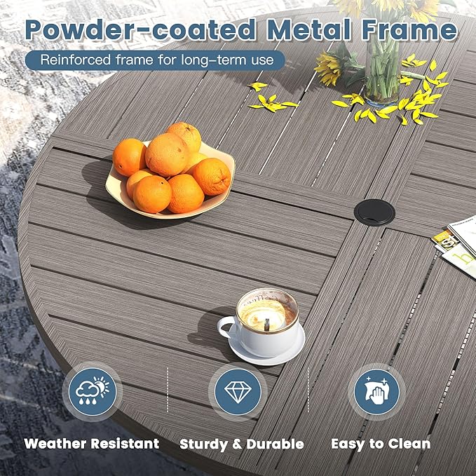 DIFY 47.2" Round Outdoor Patio Dining Table for 6, All-Weather Metal Steel Slatted Patio Table with 1.57" Adjustable Umbrella Hole, for Lawn Garden Porch Backyard, Grey Wood-Like