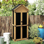 Outdoor Storage Cabinet with Shelf, Wood & Metal Storage Shed with Lockable Doors & Sloping Roof, Outdoor Cabinets for Patio Backyard, Garden Shed Tool Shed and Accessories, Brown