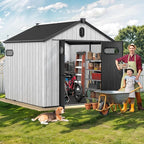 DWVO 8x8 FT Outdoor Storage Shed, 427 cuft Large Plastic Storage Shed with Floor & Lockable Door, Outside Tool Garden Shed with Windows & Vents for Patio Furniture, Lawn Mower, Bike, Black&Gray