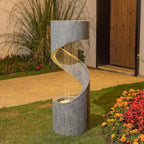 Glitzhome Tiered Outdoor Water Fountain with LED Light, Modern Spiral Outdoor Fountain with Stone Planter, Freestanding Curved Waterfall Fountains for Garden Patio Deck Porch, 40”H