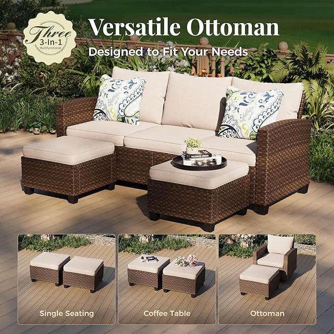 Patio Furniture Set, 8 Pcs Wicker Rattan Outdoor Conversation Set, 4 x Leg Chairs, 1 x 3 Seater Sofa and 2 x Ottomans with 4" Thick Cushion and 32" Fire Pit Table, Beige