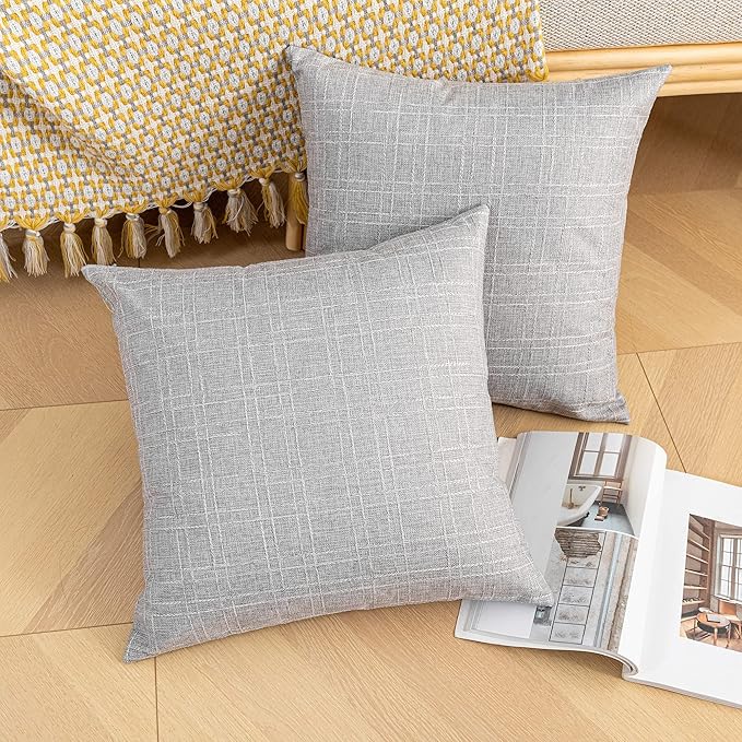 Kevin Textile Pack of 2 Decorative Outdoor Waterproof Throw Pillow Covers Checkered Pillowcases Classic Cushion Cases for Patio Couch Bench 16 x 16 Inch Grey