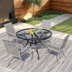 5 Pieces Round Dining Table Set for 4, Patio Dining Set Includes 4 Grey Stackable Patio Chairs and 1 Black Mesh Round Table, Patio Furniture Sets with Sling Support for Outside, Garden