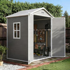Outdoor Shed 5x3/6x4/7x7/8x6/8x10/8x12 FT, 15MM Thick PP Resin Plastic Shed with Lockable Door & Floor - Waterproof Plastic Tool Shed for Bike, Garbage Can, Backyard, Patio ﻿ ﻿ (Grey, 6x4FT)