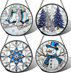 Stained Glass Window Hanging 4 Pcs Set White Winter Christmas Snow Scene 9.8" - Suncatcher Door Garden Sun Catcher Decor Birthday for Mom Woman Nana Men Friend Wife
