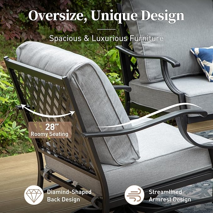 4 Piece Metal Outdoor Patio Furniture Set, Patio Conversation Sets 1 3-seater Sofa, 2 Swivel Chair with 5.75" Extra Thick Cushion and Coffee Table, Black Frame Backyard Furniture, Gray