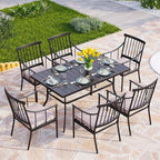 PHI VILLA 7 Piece Patio Dining Table Set with Cushion, Large Rectangular Metal Dining Table with Umbrella Hole & 6 Cushioned Iron Chairs for Outdoor, Deck, Yard