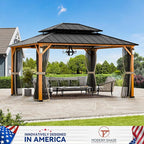Modern Shade The Horizon Hardtop Gazebo 12' x 14' with 4 LED Lights, Permanent Outdoor Gazebo with Galvanized Steel Double Roof, Grill Pavilion with Decor Hooks, Mosquito Nettings, Wood-Looking