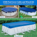 Belleone Swimming Pool Cover Cable and Winch Kit - 150ft Plastic-Coated Steel Pool Cover Wire & Aluminum Spring Loaded Pool Cover Ratchet for Above Ground Swimming Pool Winter Safe (Red)