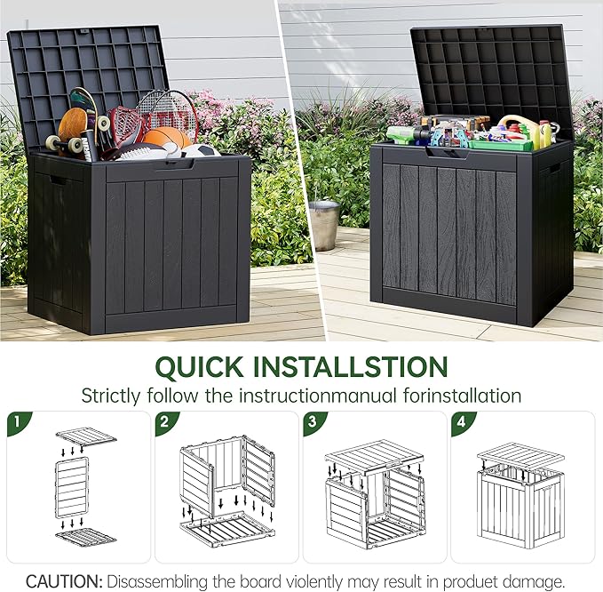 KAMABOKO Deck Box, 35 Gallon Resin Indoor and Outdoor Storage Boxes Waterproof for Garden Tools, Pool Accessories Storage Bench, Patio Furniture and Cushions with Lockable Lid, Black