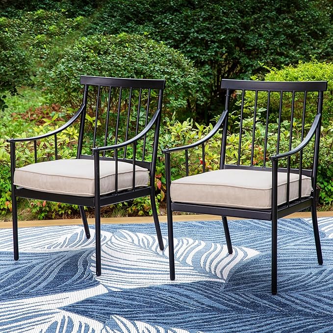 PHI VILLA Outdoor Metal Dining Chairs with Cushion, 300lbs Black Heavy Duty Weatherproof Chairs for Patio, Deck, Yard - Set of 2