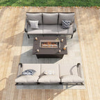 3 Pieces Outdoor Patio Conversation Sets with All Weather Cushions, Metal 2 Three-Seater Sofas, 1 Fire Pit Table for Backyard Deck Porch Poolside, Beige