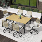 7-Piece Outdoor Patio Dining Set, 63-Inch Rectangular Table, 6 Wicker Rattan Swivel Chairs with Gray Cushions
