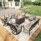 10 Pieces Outdoor Patio Conversation Sets with All Weather Cushions, Metal 3-Seater, 4 Swivel Rockers, 2 Single Chairs, 2 Side Tables, 1 Fire Pit Table for Backyard Deck Porch Poolside, Beige