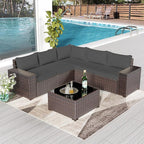 Outdoor Patio Furniture Set, 6 Pieces Outdoor Furniture All Weather Patio Sectional Sofa PE Wicker Modular Conversation Sets with Coffee Table,5 Chairs & Seat Clips (Grey)