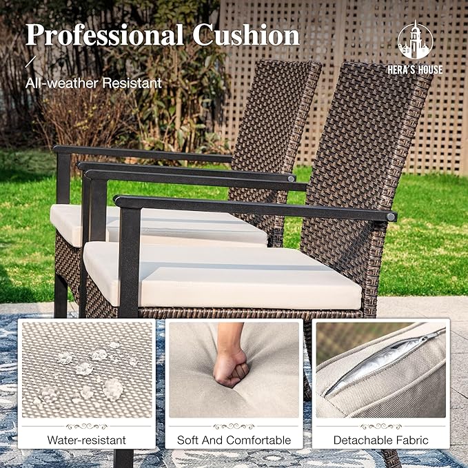 HERA'S HOUSE 7 Piece Patio Dining Set for 6, 6 x Outdoor Rattan Armchair with Removable Cushions, 1 x 64 Rectangular Patio Table with Umbrella Hole for Patio Lawn Garden