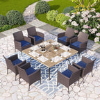 PHI VILLA 9 Pieces Square Outdoor Dining Set for 8, 60” Wood-Like Large Metal Steel Dining Table & Rattan Wicker Chairs with Cushions, Dining Furniture Set for Patio, Deck, Yard, Porch