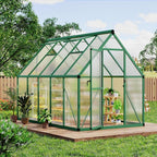 6x9 FT Outdoor Greenhouse, Polycarbonate Greenhouse with Roof Vent and Ground Nails, Aluminum Large Walk-in Green House w/ Lockable Push Door for Outside Garden Backyard (Green, 6x9 FT)