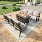 3 Pieces Outdoor Patio Conversation Sets with All Weather Cushions, Metal 2 Three-Seater Sofas, 1 Fire Pit Table for Backyard Deck Porch Poolside, Beige