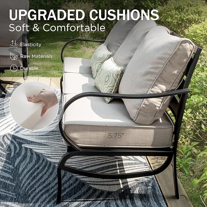 PHI VILLA 5 PCS Patio Furniture Set, Metal Outdoor Furniture Set with 1 x 3 Seater Deep Seating Bench, 2 x Swivel Sofa Chairs & 2 x Metal Cushioned Ottoman, Outdoor Patio Set for Garden