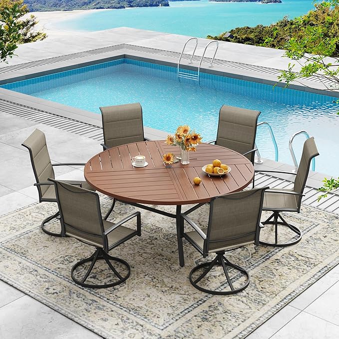 DIFY 53.1" Round Outdoor Patio Dining Table for 6-8, All-Weather Metal Steel Slatted Patio Table with 1.57" Adjustable Umbrella Hole, for Lawn Garden Porch Backyard, Walnut