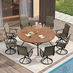VICLLAX 9 Pieces Patio Dining Set for 8 Includes 60" Outdoor Round Table and 8 Patio Swivel Chairs for Lawn Garden, Walnut Tabletop and Mixed Brown Fabric
