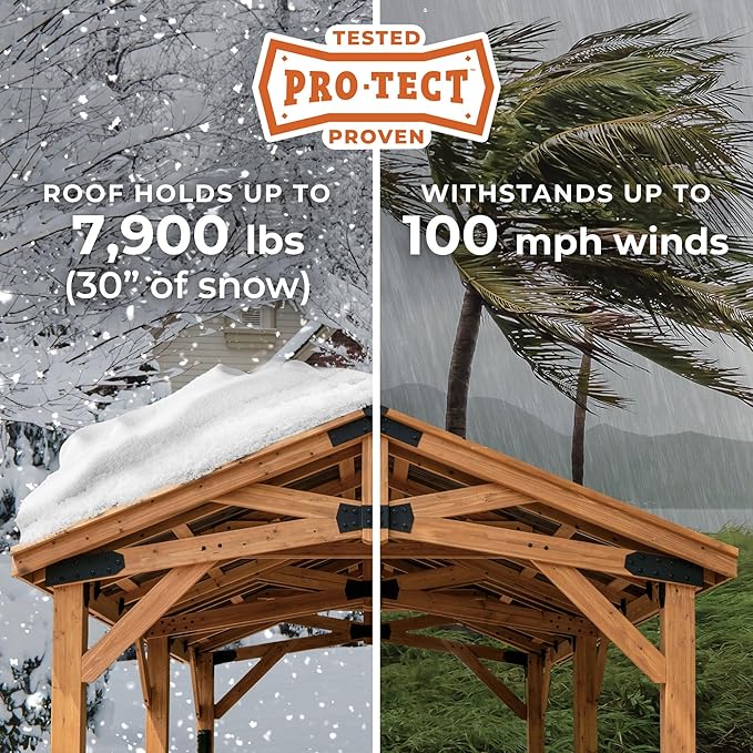 Backyard Discovery Arlington 12' x 12' Cedar Wood Outdoor Gazebo Pavilion with Hardtop Galvanized Steel Peak Roof, Snow Support, Wind Resistance, PowerPort, Shade for Garden, Patio, Deck, Entertaining