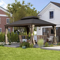 Domi 10x14 FT Outdoor Gazebo, Hardtop Gazebo with Galvanized Steel Double Roof, Metal Gazebos with Drainage System Patio Pergola for Patio Deck Backyard,Curtain and Netting, Brown