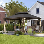 Domi 10x14 FT Outdoor Gazebo, Hardtop Gazebo with Galvanized Steel Double Roof, Metal Gazebos with Drainage System Patio Pergola for Patio Deck Backyard,Curtain and Netting, Brown