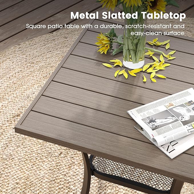 DIFY 27.6" Square Patio Dining Table, Grey Wood-Like Small Outdoor Bistro Table with Rust Resistant Metal Frame, Ideal for Lawn, Backyard and Deck