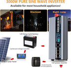 3000W Pure Sine Wave Power 12V Inverter DC to AC 110V 120V Peak Power 6000W with Remote Control 4 AC Outlets,Dual USB Port,LED Display AC Terminal Blocks for Power Inverter Truck RV Car Solar System