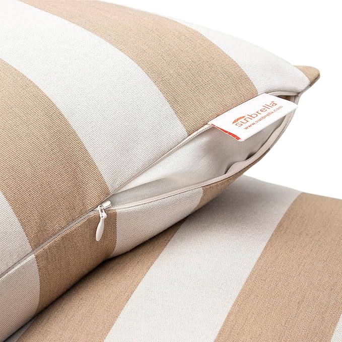 Austin Horn Classics Sunbrella Maxim Heather Beige - Cabana Stripe, Zippered & Reversible 18-inch x 18-inch Pillow Cover ONLY (Set of 2) Indoor/Outdoor Easy Clean Fill Sold Seperately