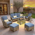 ovios 7 Pieces Patio Furniture Set, Outdoor Wicker Sofa Couch with Swivel Chairs Solar Lights Table, High Back All Weather Modern Conversation Sets, Grey Rattan, Denim Blue