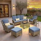 ovios 7 Pieces Patio Furniture Set, Outdoor Wicker Sofa Couch with Swivel Chairs Solar Lights Table, High Back All Weather Modern Conversation Sets, Grey Rattan, Denim Blue