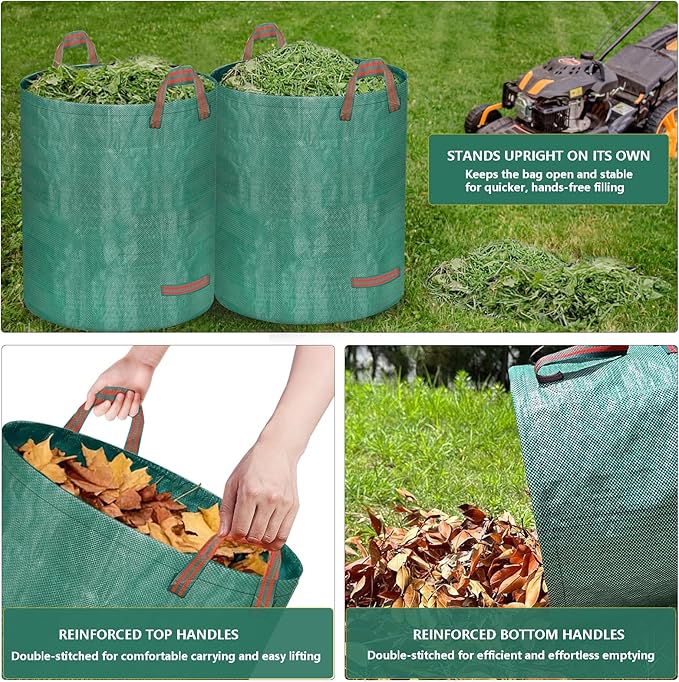 Reusable Yard Waste Bags, 72 Gallon Lawn and Leaf Bags 2 Pack with Reinforced Handles and Gardening Gloves, Heavy Duty Standable Garden Waste Bags for Leaves, Grass, Camping, Recycling