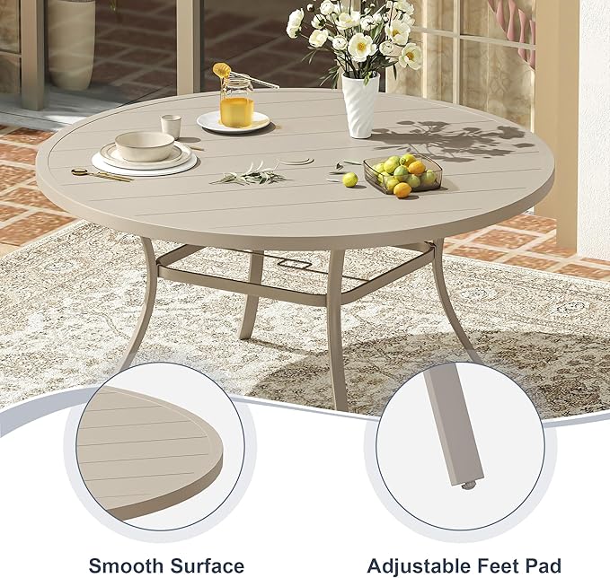 VICLLAX 53" Outdoor Round Patio Dining Table for 8, All Weather Metal Dining Table with Umbrella Hole for Deck Lawn Garden Backyard, Sandshell