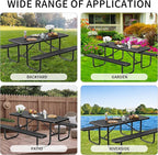 4FT Rectangular Steel Outdoor Picnic Table,Commercial Black Picnic Table Bench Set with Umbrella Hole, Weather-Resistant Heavy Duty School Dining Table for Patio, Garden, Backyard