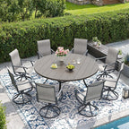 DIFY 9 Pieces Outdoor Patio Dining Set, 8 Grey Textilene Swivel Dining Chairs and 60" Grey Wood-Like Round Metal Dining Table, Outdoor Table and Chairs