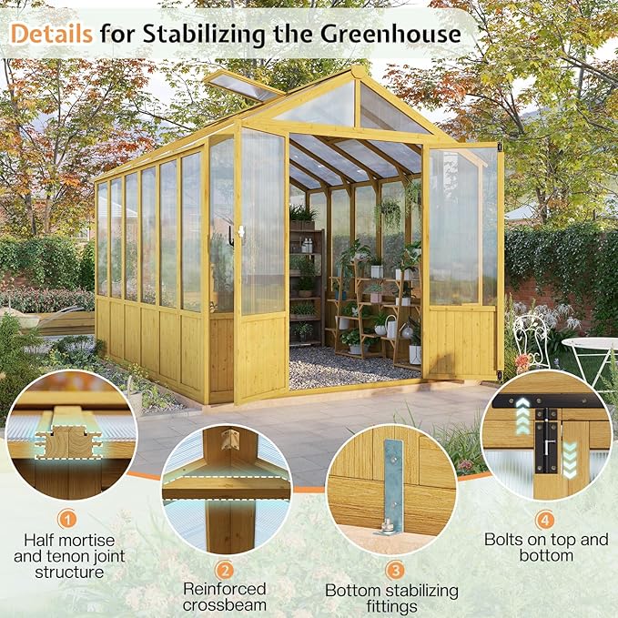Jocisland 8x9.5x7.5 Ft Wooden Greenhouse, Pre-Assembled Solid Cedar Frame, Walk-in Design, Lockable Door, Adjustable Roof Vents, Polycarbonate Panels for Outdoor, Garden, Backyard