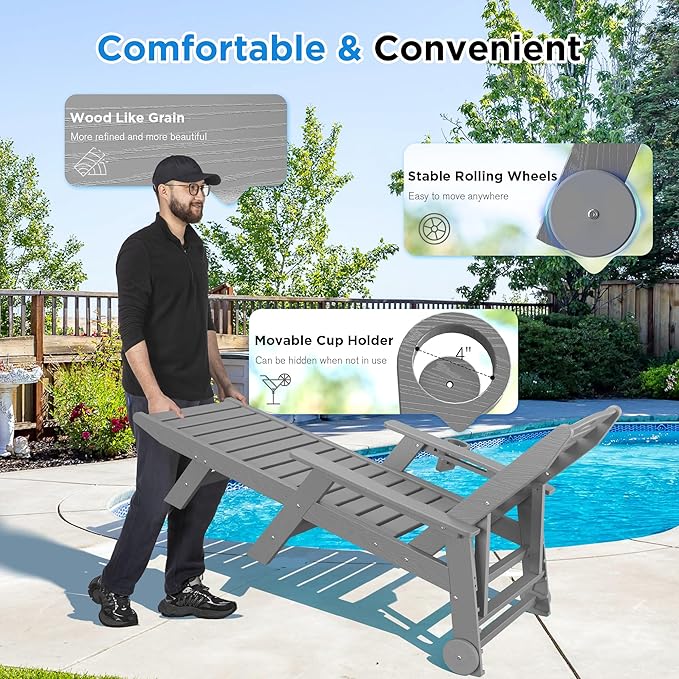 nalone Chaise Lounge Outdoor with 5-Position Adjustable Backrest, HDPE Lounge Chair for Outside Supports Up to 400 LBS, Pool Lounge Chairs for Patio Poolside Deck Beach Backyard (Grey)