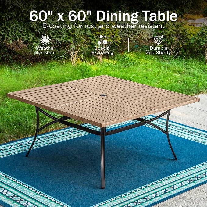 PHI VILLA 9-Piece Outdoor Dining Set, Retangualr Metal Table (60") with Umbrella Hole and 8 Stackable Dining Chairs – Perfect for Patio, Garden, Deck, Porch, and Yard, 9PCS Outdoor Dining Set Style 1