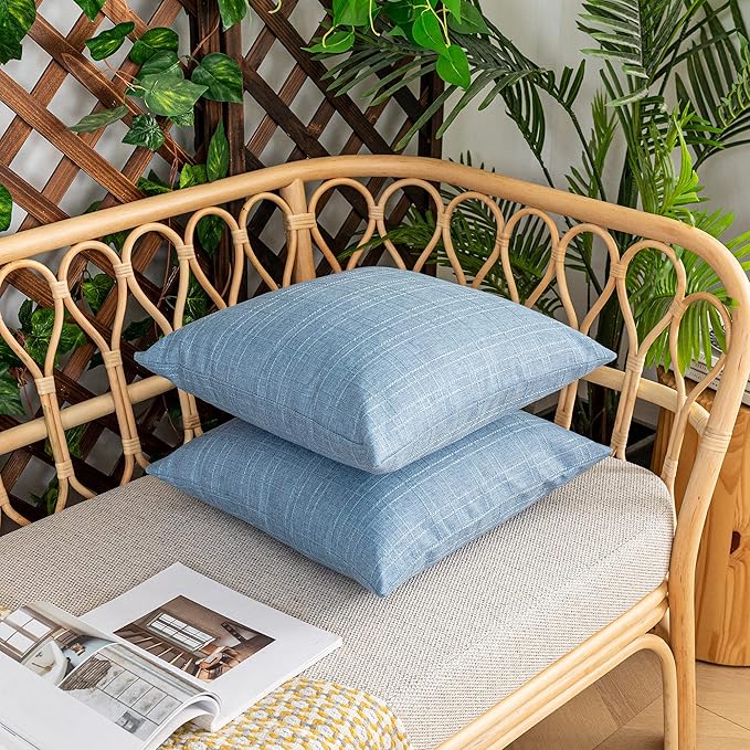 Kevin Textile Pack of 2 Decorative Outdoor Waterproof Checkered Pillow Covers Garden Cushion Sham Throw Pillowcase Shell for Patio Tent Couch 24x24 Inch Light Blue