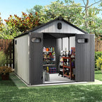 Domi 8×10ft Outdoor Resin Storage Shed - 482+ Cubic Ft Weatherproof Double-Wall Yard Shed with Skylight, Lockable Door and Carpet, Heavy-Duty Steel Frame Storage Building for Lawn Mower, Bike, Tools