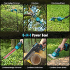 SEESII 6-in-1 Cordless Pole Saw & Hedge Trimmer Combo Kit, Electric Mini Chainsaw with 2×4.0 Ah Batteries, Extension Tree Pruner, Bush Trimmer Limb Branch Cutter, Grass Shears