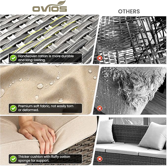 ovios 9 Pieces Patio Furniture Set, Outdoor Wicker Sofa Couch with Swivel Chairs Ottomans Comfy Cushions, High Back All Weather Modern Conversation Sets, Brown Rattan, Beige