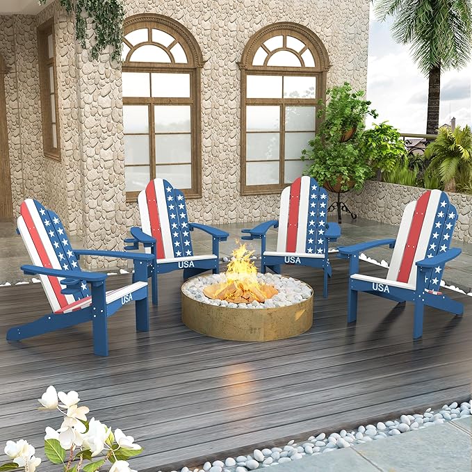 LUE BONA HDPS Adirondack Chairs, Fire Pit Outdoor Chair Weather Resistant with Cup Holder, Modern Plastic Chair Plastic for Patio, Deck, Proch, 350LBS, Flag Blue
