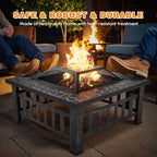 Flamaker Outdoor Fire Pit 32 Inch Firepit Tables Backyard Mutifunctional Square Metal Stove Wood Burning with Cover Poker for Patio, Camping, Bonfire (Silver)